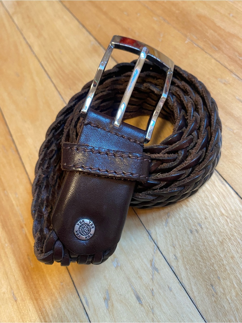 Mens Woven Dark Brown Leather Belt with Silver Buckle Vintage